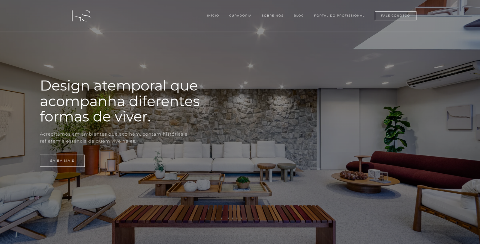 Página inicial da HS Mobília com ambiente mobiliado e apresentação da marca